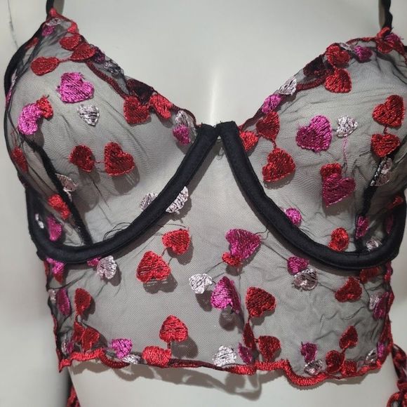 Embroidered Heart Mesh Underwire Lingerie Set 3 Piece - Picture 5 of 10